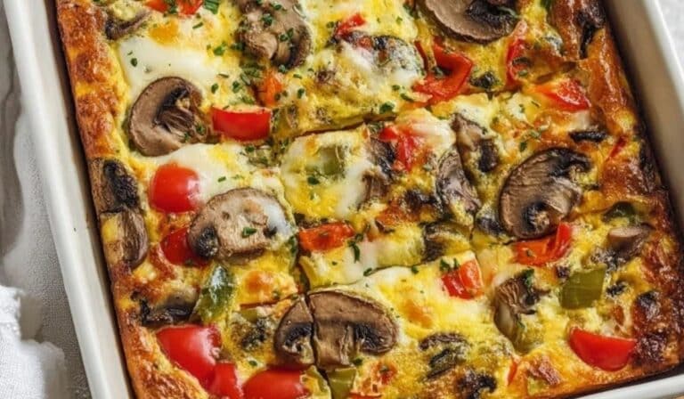 Veggie Breakfast Casserole with mushrooms, bell peppers, and cheese