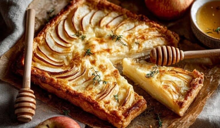 Apple and White Cheddar Tart with Honey on parchment with wooden honey dipper