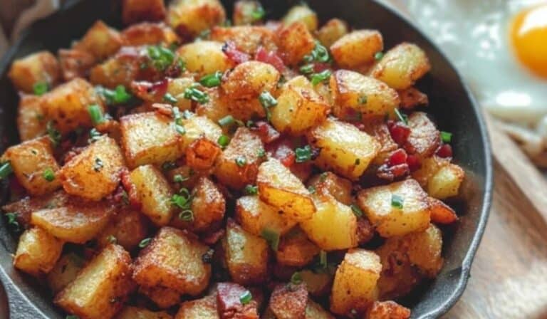 Bangin' Breakfast Potatoes in cast iron skillet with crispy bacon and chives