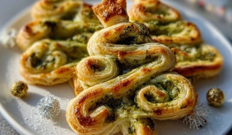 Basil Pesto Cheesy Puff Pastry Christmas Tree served on a white holiday plate