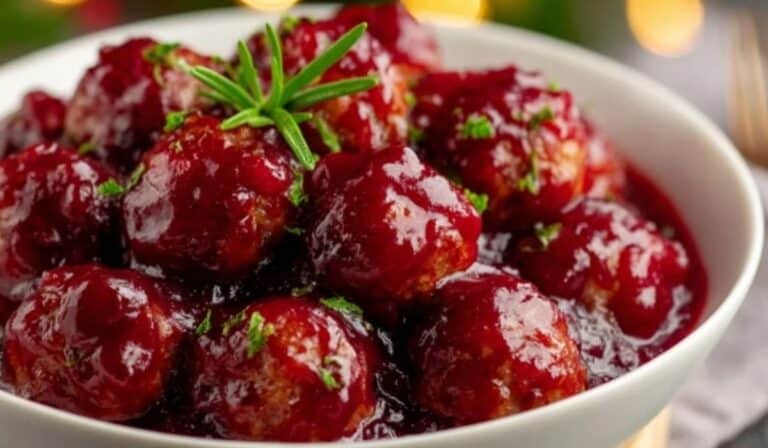 Best Christmas Cranberry Meatballs served in a white bowl with rosemary