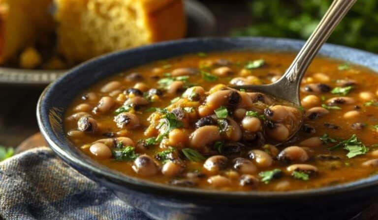 Black Eyed Pea Soup in a rustic blue bowl with cornbread