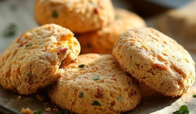 Freshly baked Breakfast Protein Biscuits stacked on parchment paper