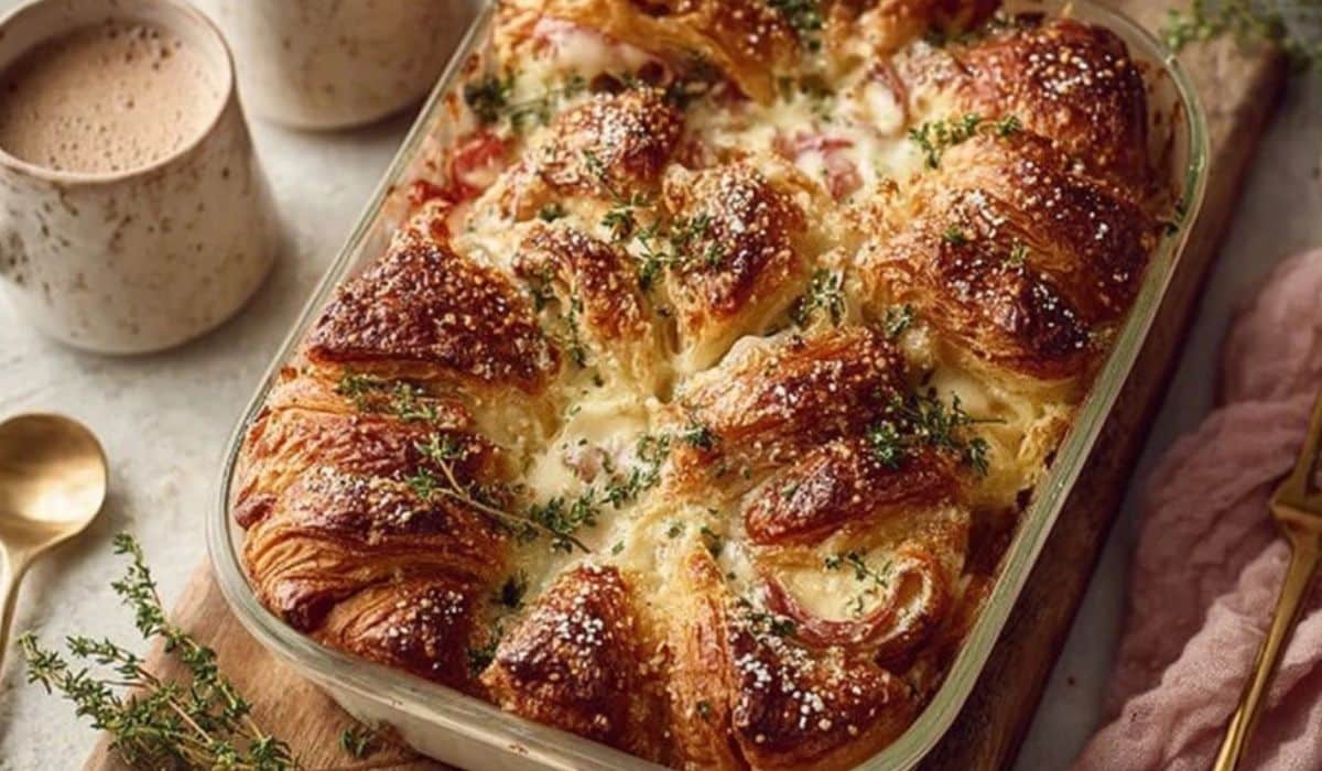 Buttery Croissant Strata in a baking dish with golden flaky croissants and fresh herbs
