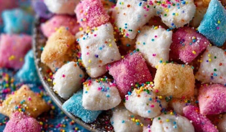 Colorful bowl of Cake Batter Puppy Chow with powdered sugar and rainbow sprinkles