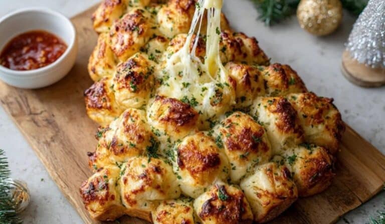 Cheesy Pull-Apart Christmas Tree Bread on wooden board with marinara dip