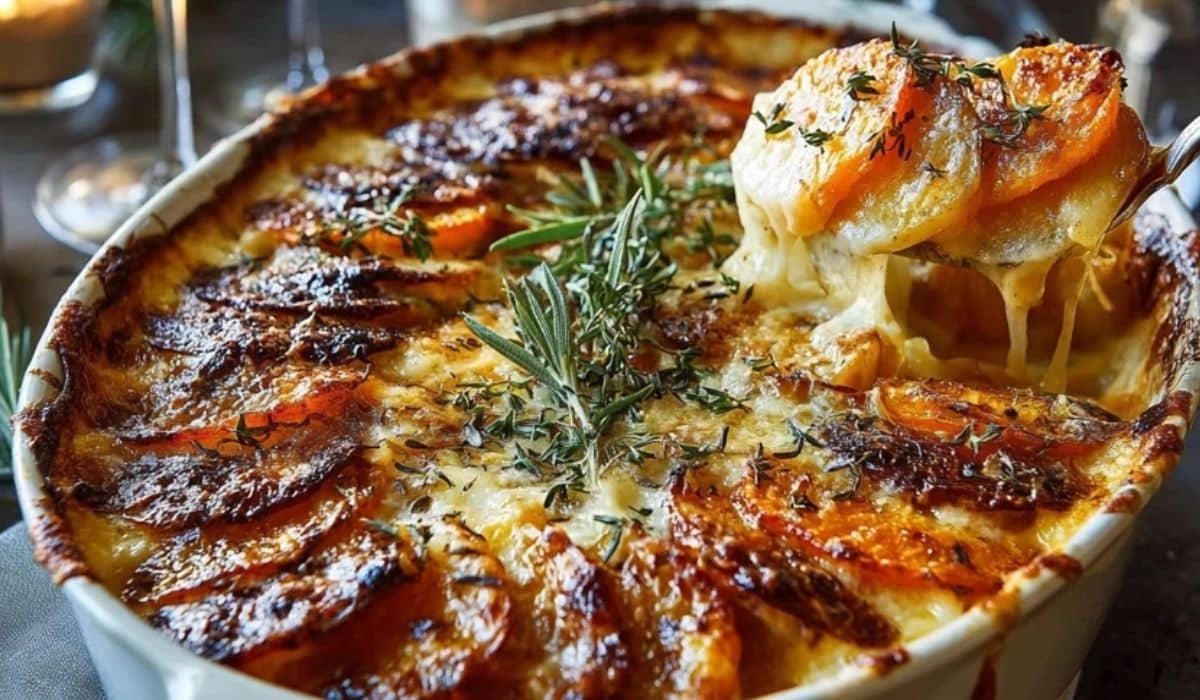 Cheesy Root Vegetable Gratin baked golden with fresh thyme sprigs