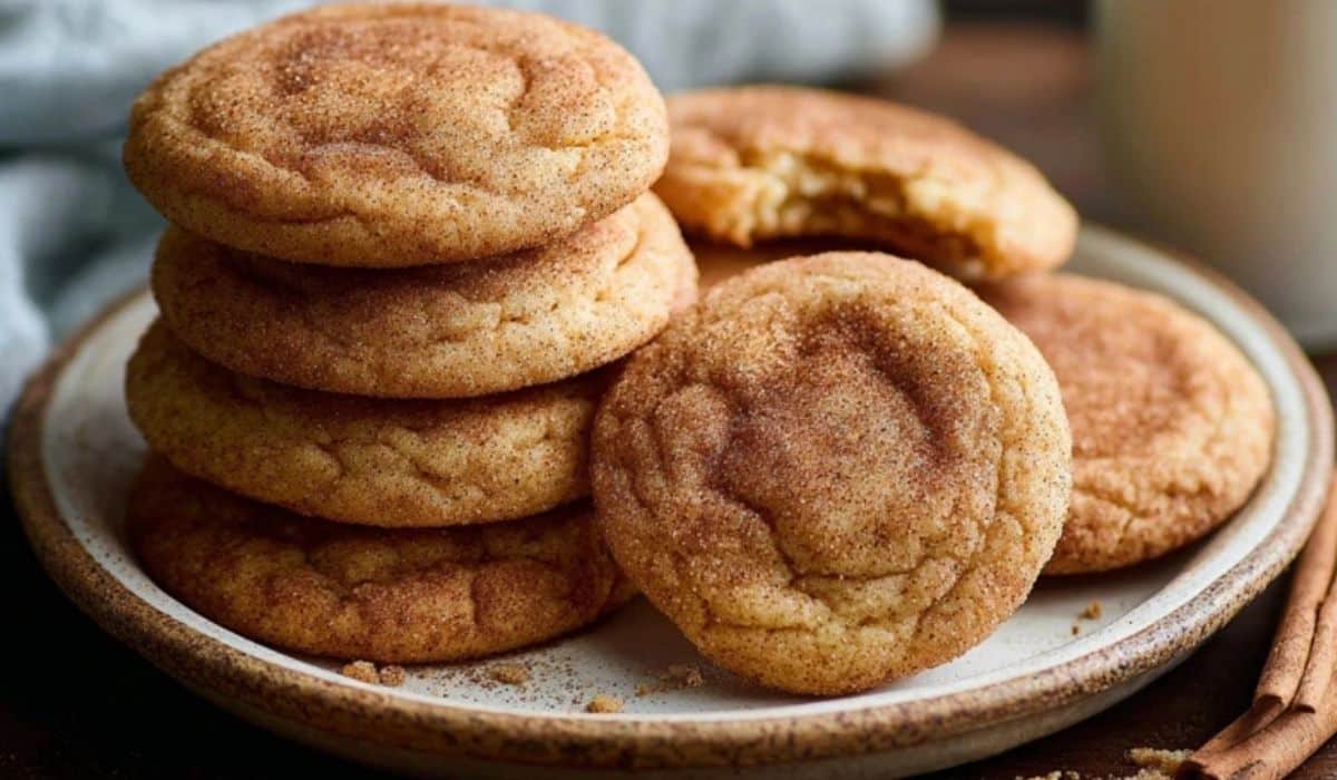 Chewy Snickerdoodle Cookies stacked on a plate with cinnamon sticks