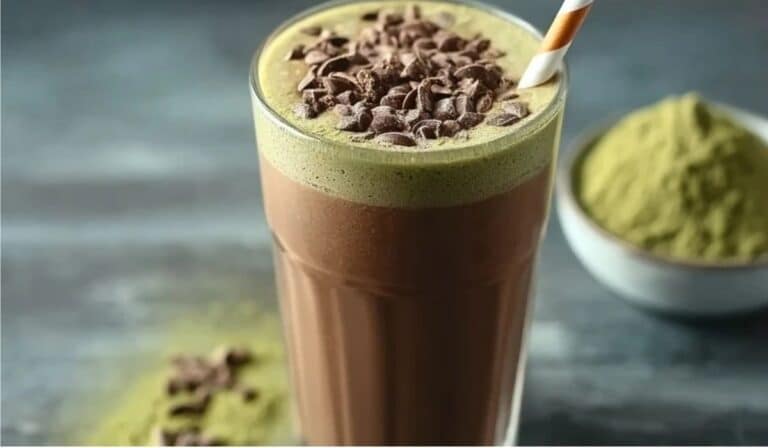 Chocolate Matcha Protein Shake topped with cacao nibs in a tall glass