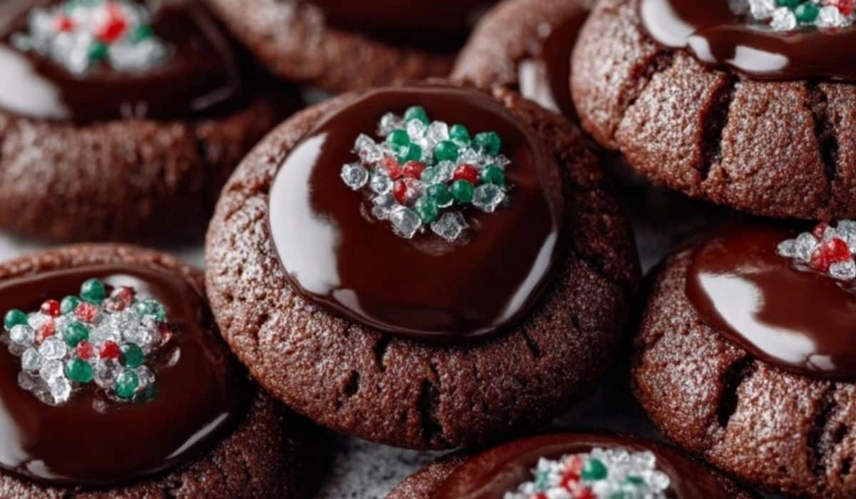 Chocolate Thumbprint Cookies topped with glossy chocolate and festive sugar sprinkles
