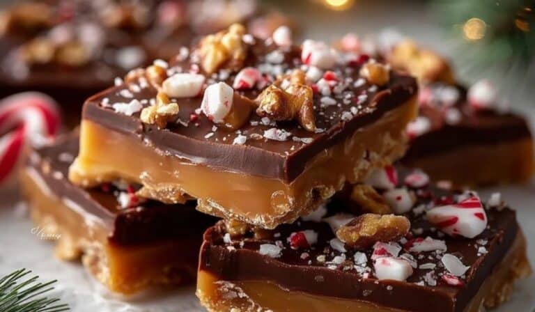 Classic Christmas Toffee with crushed peppermint and walnuts