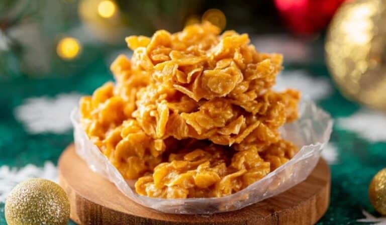 Crunchy golden Cornflake Candy stacked on wax paper