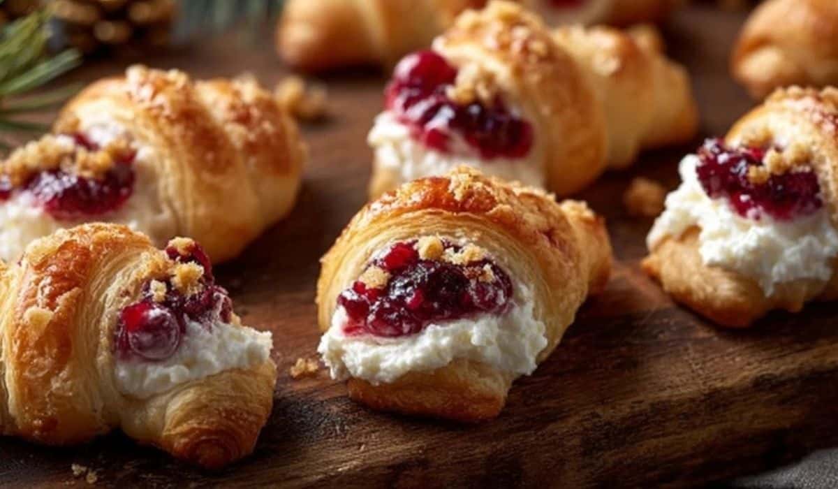 Cranberry Cream Cheese Crescent Bites on wooden board with creamy filling