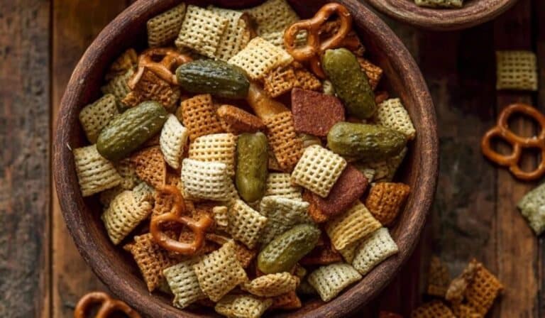 Dill Pickle Snack Mix Recipes served in a rustic wooden bowl with mini pickles and pretzels