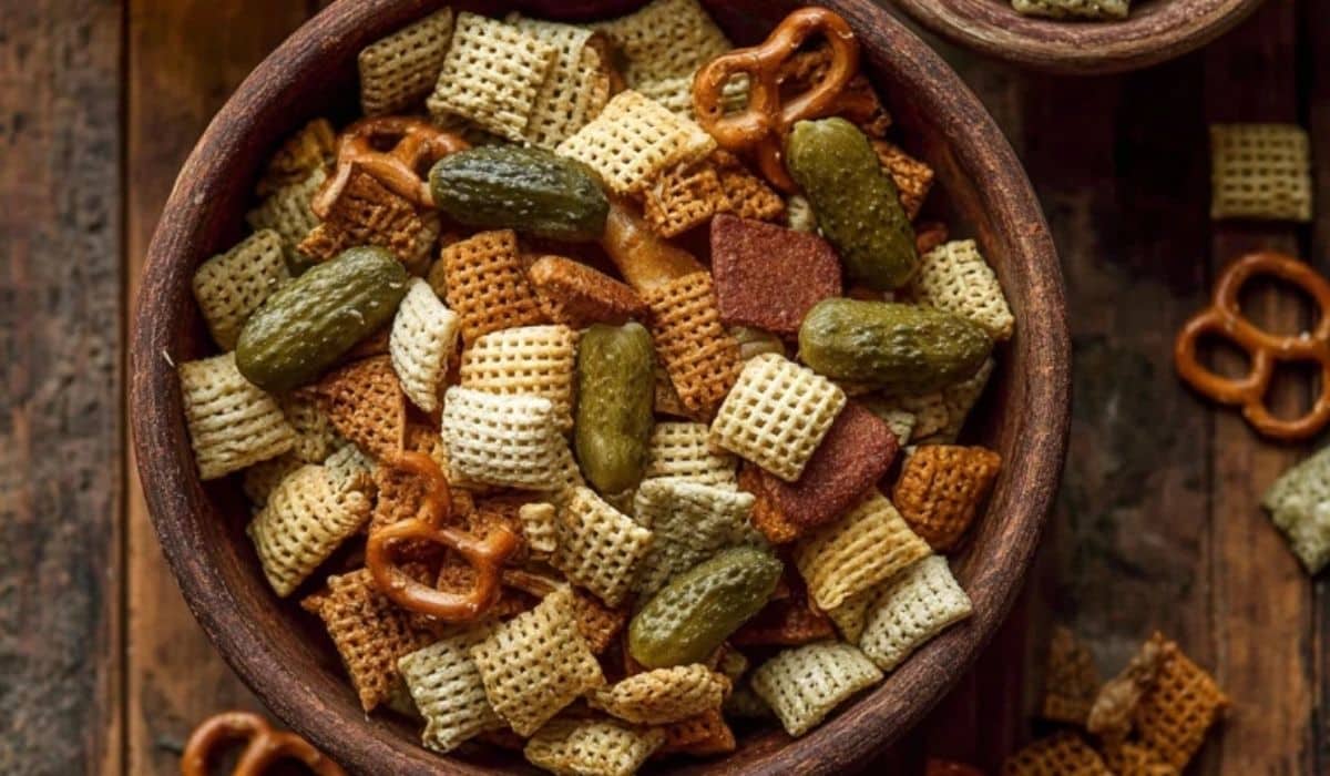 Dill Pickle Snack Mix Recipes served in a rustic wooden bowl with mini pickles and pretzels