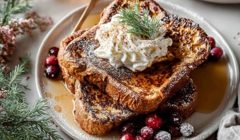 Easiest Gingerbread French Toast stacked with whipped cream and maple syrup