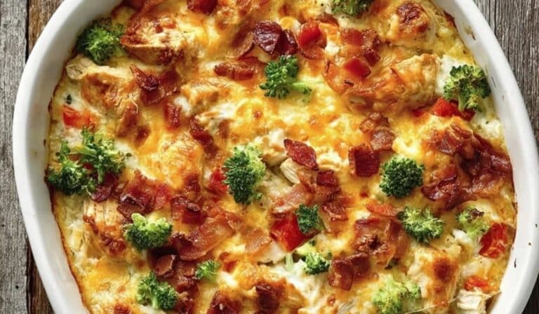Easy Low Carb Chicken Casserole with broccoli, bacon, and cheese baked in white dish