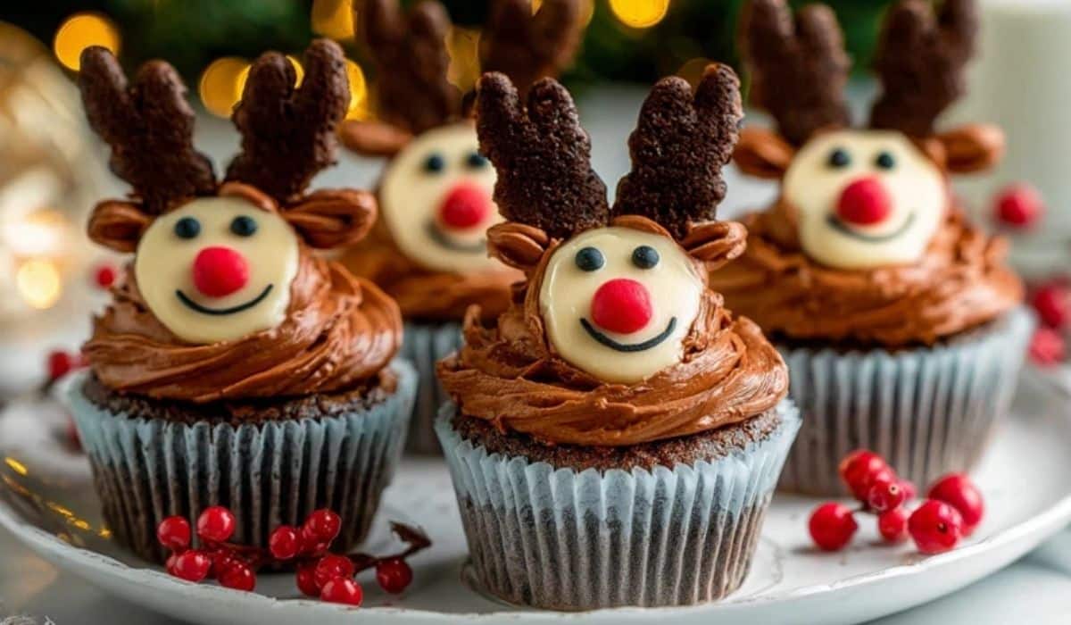 Easy Reindeer Cupcakes with chocolate frosting, pretzel antlers, and candy faces on a holiday plate