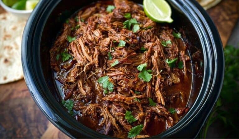 Easy Slow Cooker Barbacoa shredded beef in black crockpot with lime