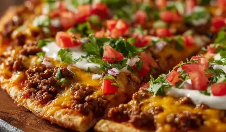 Easy Taco Pizza topped with seasoned beef, cheese, sour cream, and fresh tomatoes