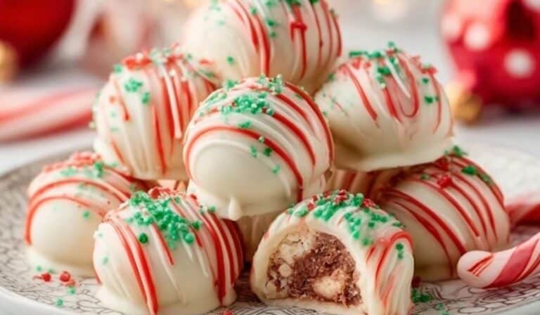 Best Little Debbie Christmas Tree Cake Truffles stacked with festive red and green sprinkles