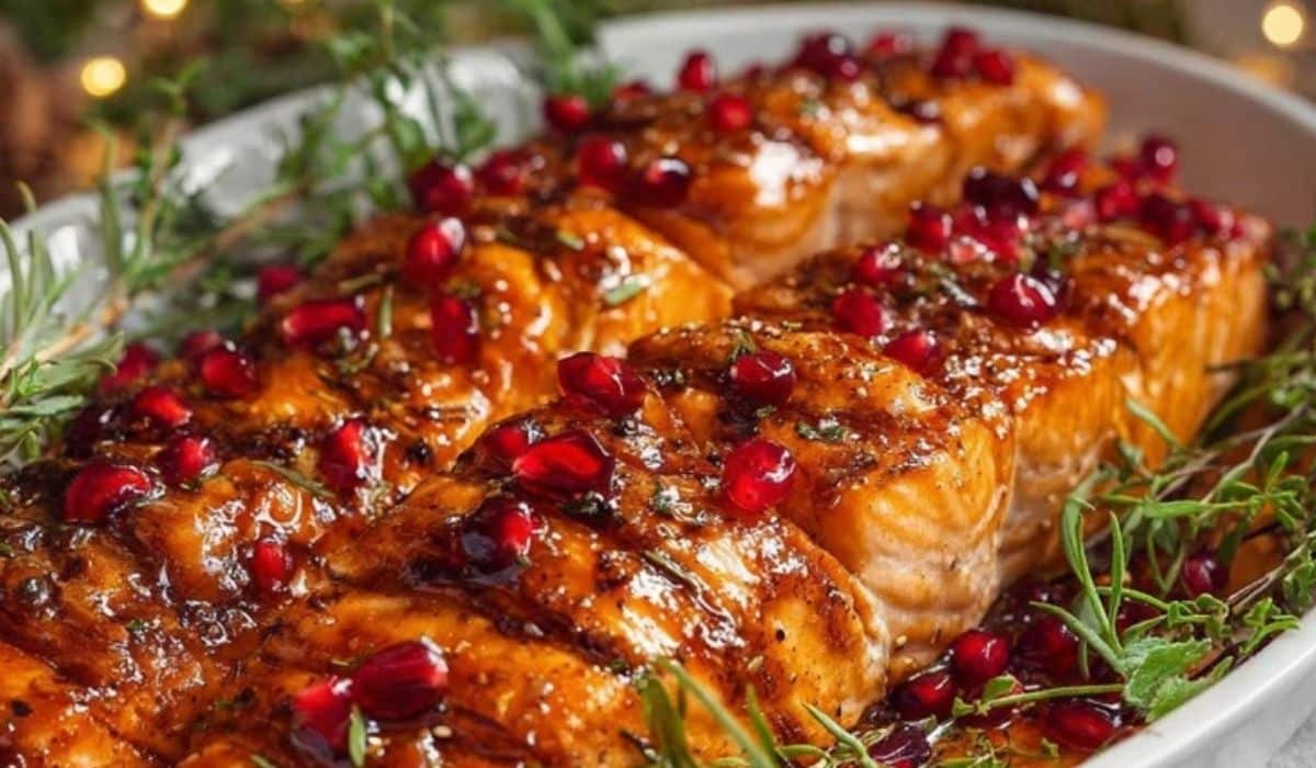 Christmas Salmon Christmas garnished with pomegranate and herbs