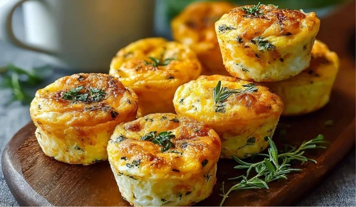 Cottage Cheese Egg Bites served on a wooden board with fresh herbs