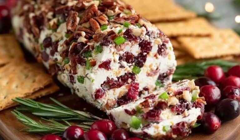 Cranberry Pecan Cheese Ball served with crackers and rosemary on a wooden platter