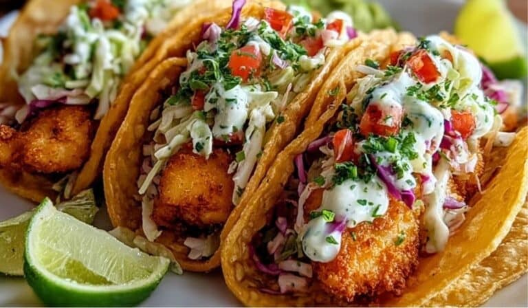 Crispy Baja Fish Tacos with creamy sauce and lime wedges