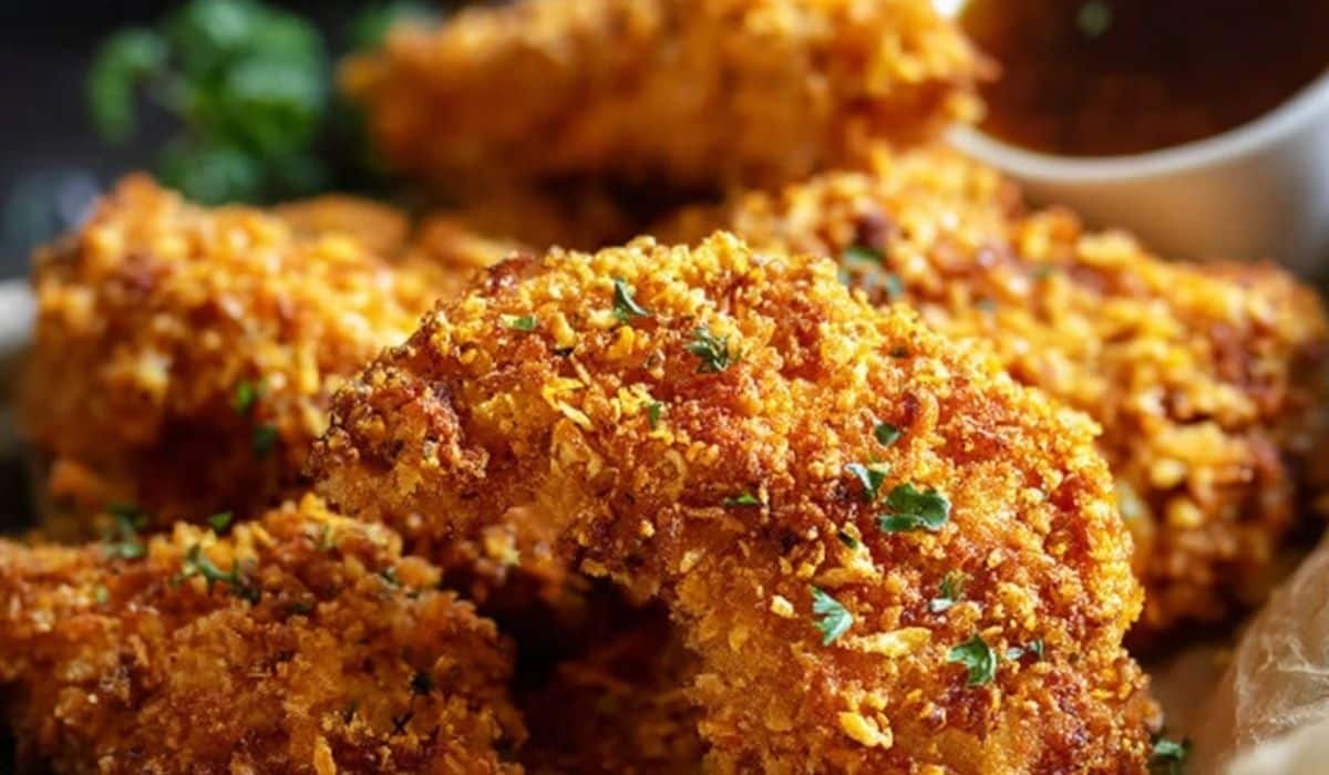 Crispy Oven Baked Cornflake Chicken served with dipping sauce