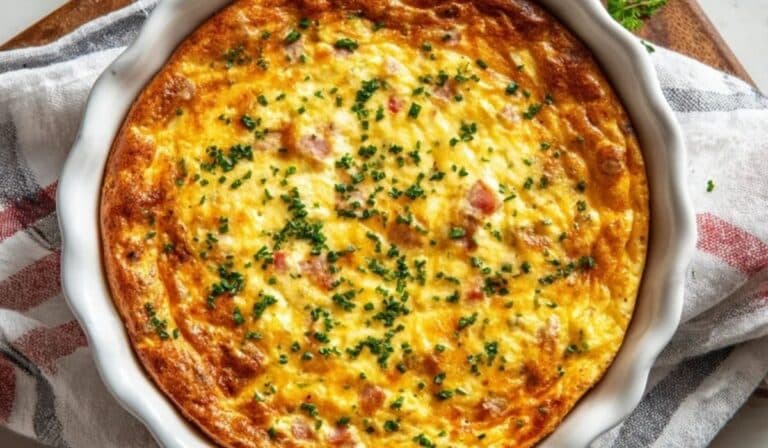 Crustless Cottage Cheese Breakfast Quiche baked golden brown in white ceramic dish