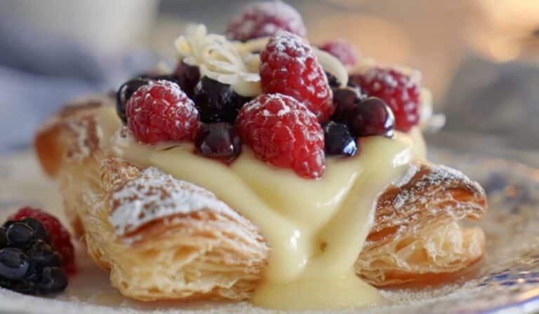 Decadent Berry and Custard Pastries with custard oozing and fresh raspberries