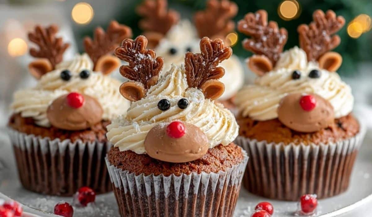 Easy Reindeer Cupcakes with chocolate antlers and red noses