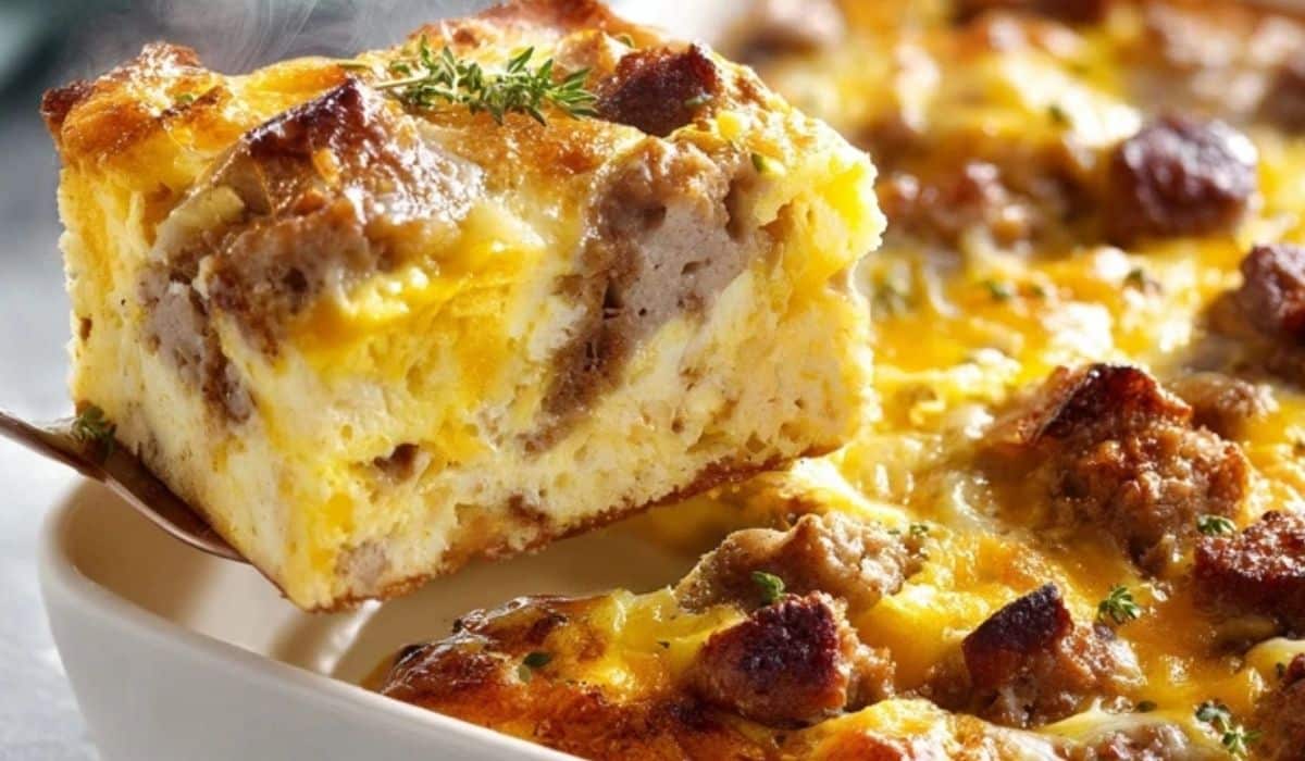 Easy Sausage and Egg Casserole with golden top and sausage chunks