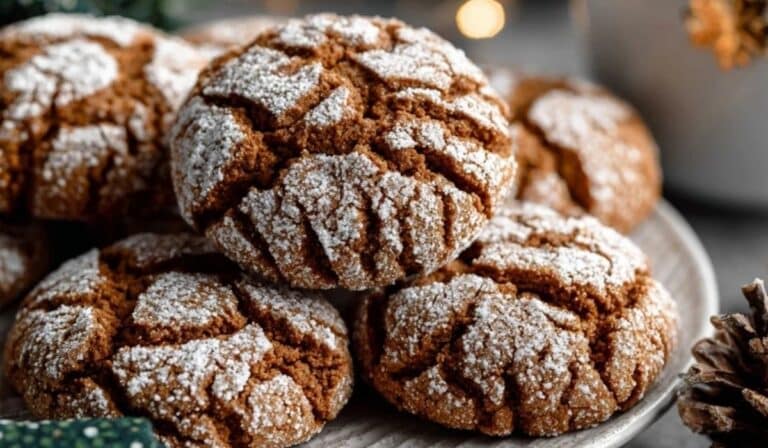 Gingerbread crinkle cookies stacked on a festive plate