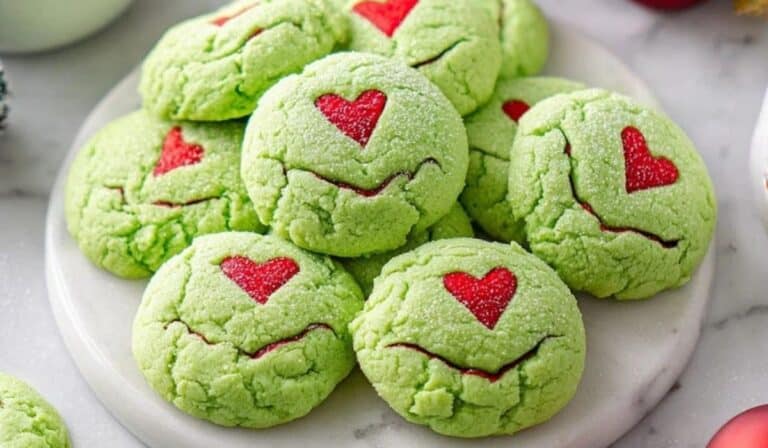 Grinch Cookies with red hearts on white plate for Christmas