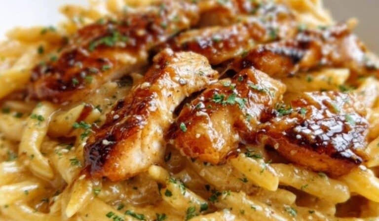 Creamy honey pepper chicken pasta with glazed chicken strips