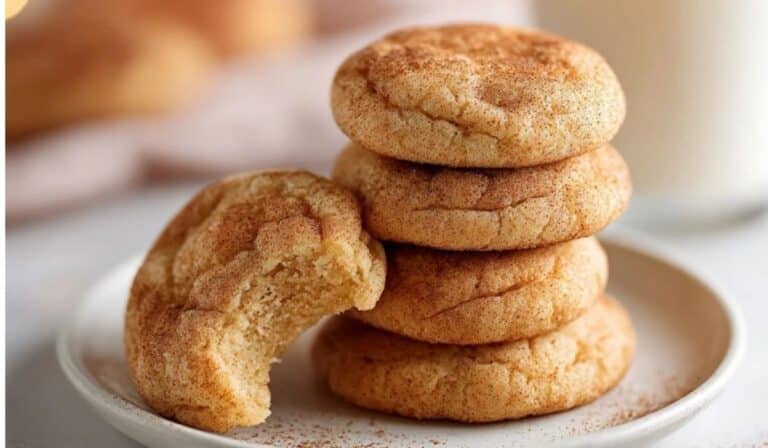 Irresistibly Soft Snickerdoodle Cookies stacked on a white plate