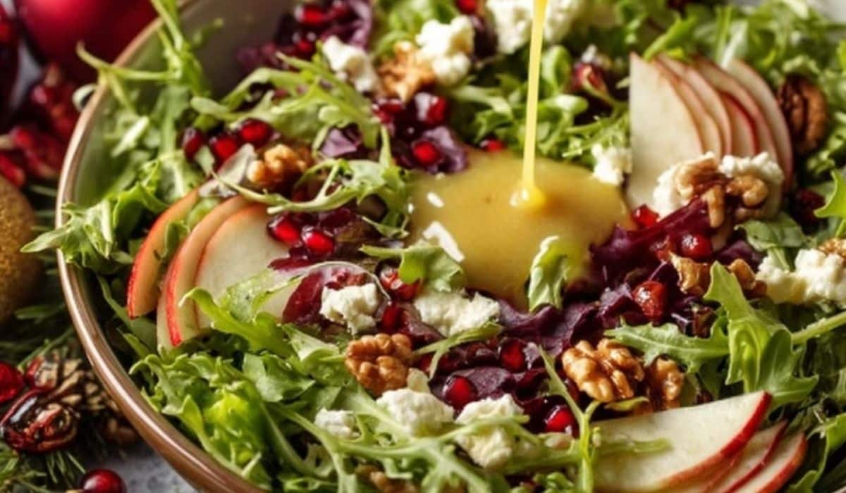 Juicy Christmas Salad with Honey Mustard Dressing in a festive bowl