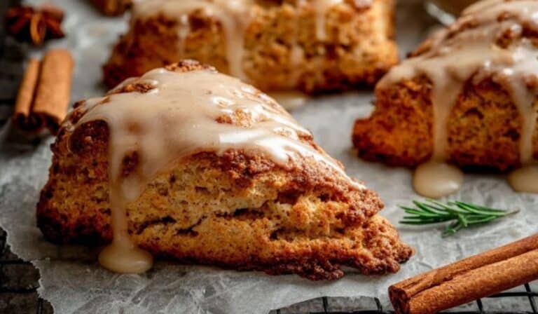 Maple Chai Glazed Scones with maple glaze and chai spice on parchment