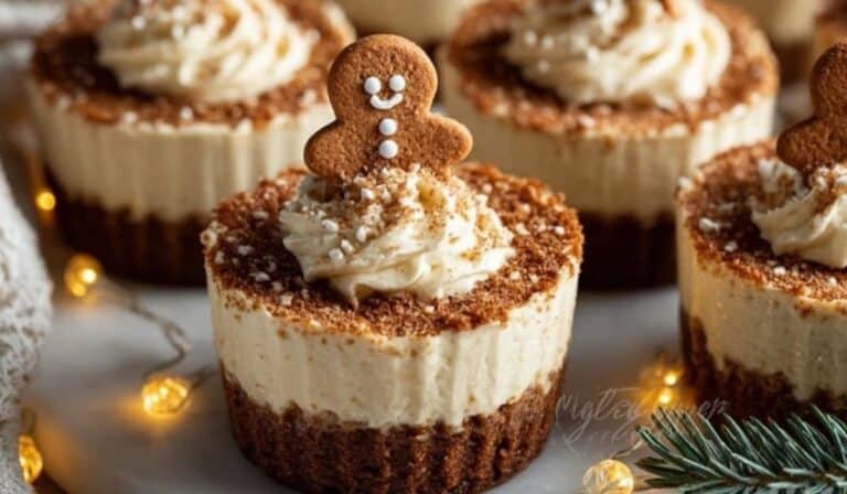 No-Bake Gingerbread Cheesecake Cups topped with mini gingerbread men and whipped cream