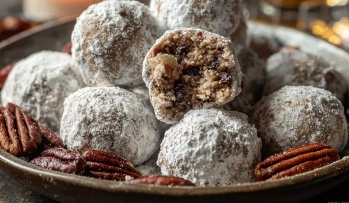 Old Fashioned Bourbon Balls coated in powdered sugar with pecans and bourbon in the background