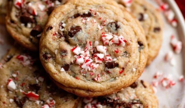 Peppermint Chocolate Chip Cookies with crushed candy canes on top