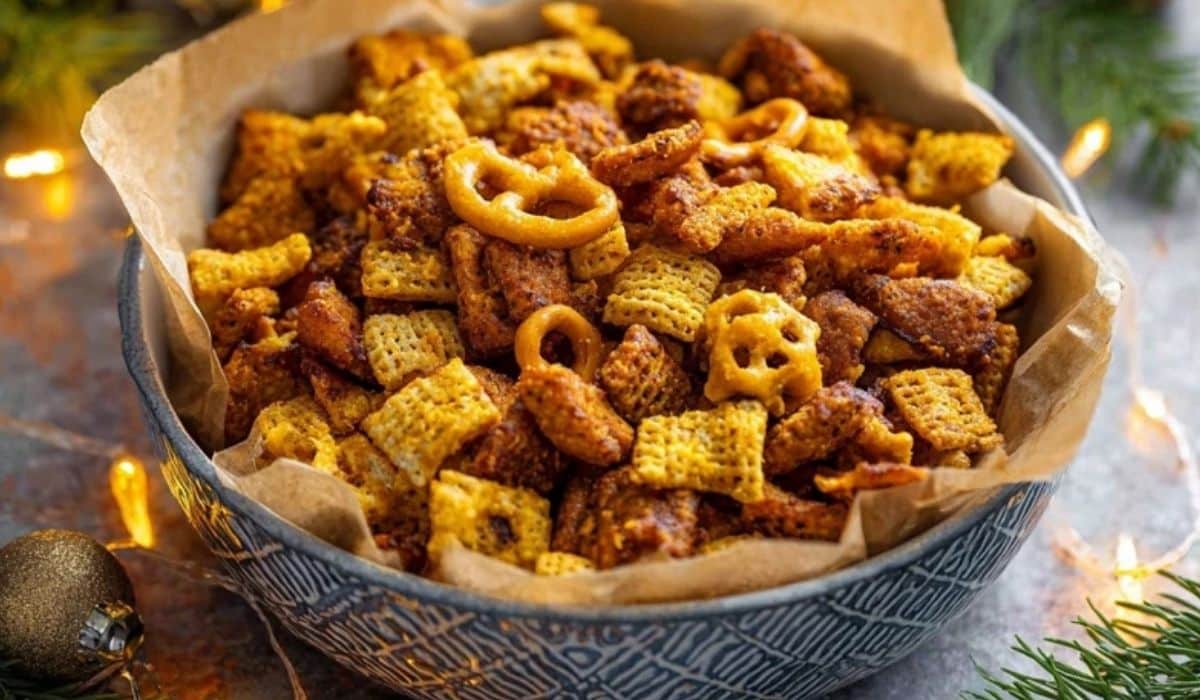 Featured bowl of Pioneer Woman Texas Trash with pretzels and Chex mix