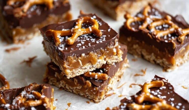 Salted Chocolate and Caramel Pretzel Bars with crunchy pretzels and flaky sea salt