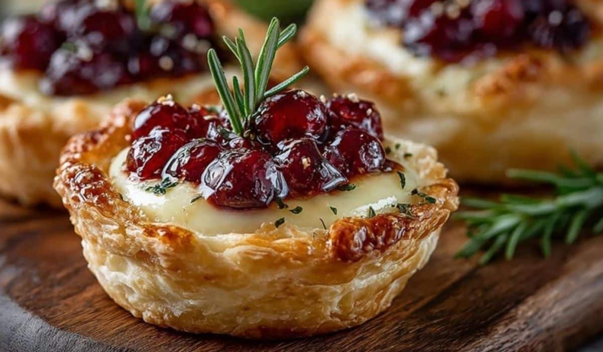 Savory Cranberry and Brie Tartlets served warm with rosemary garnish on wooden board