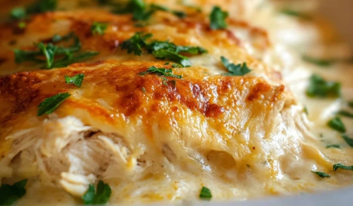 Sour Cream Chicken Enchilada baked until golden with creamy sauce