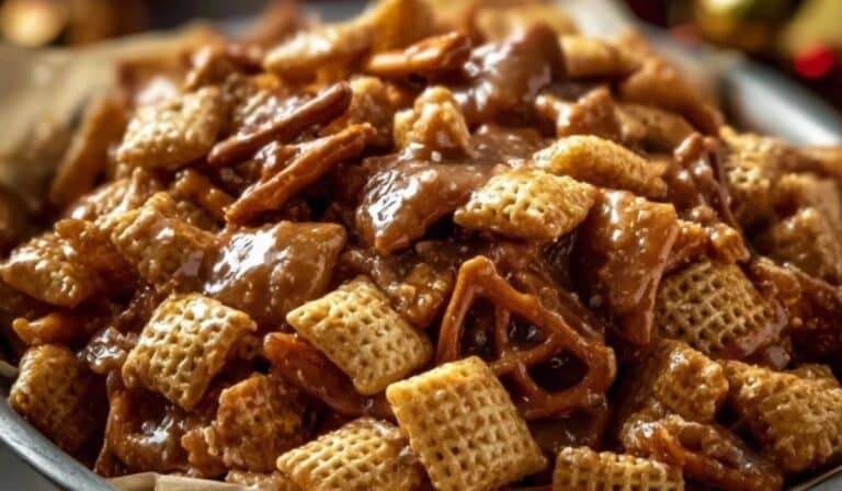 Sweet and Salty Toffee Chex Mix close-up in a festive bowl