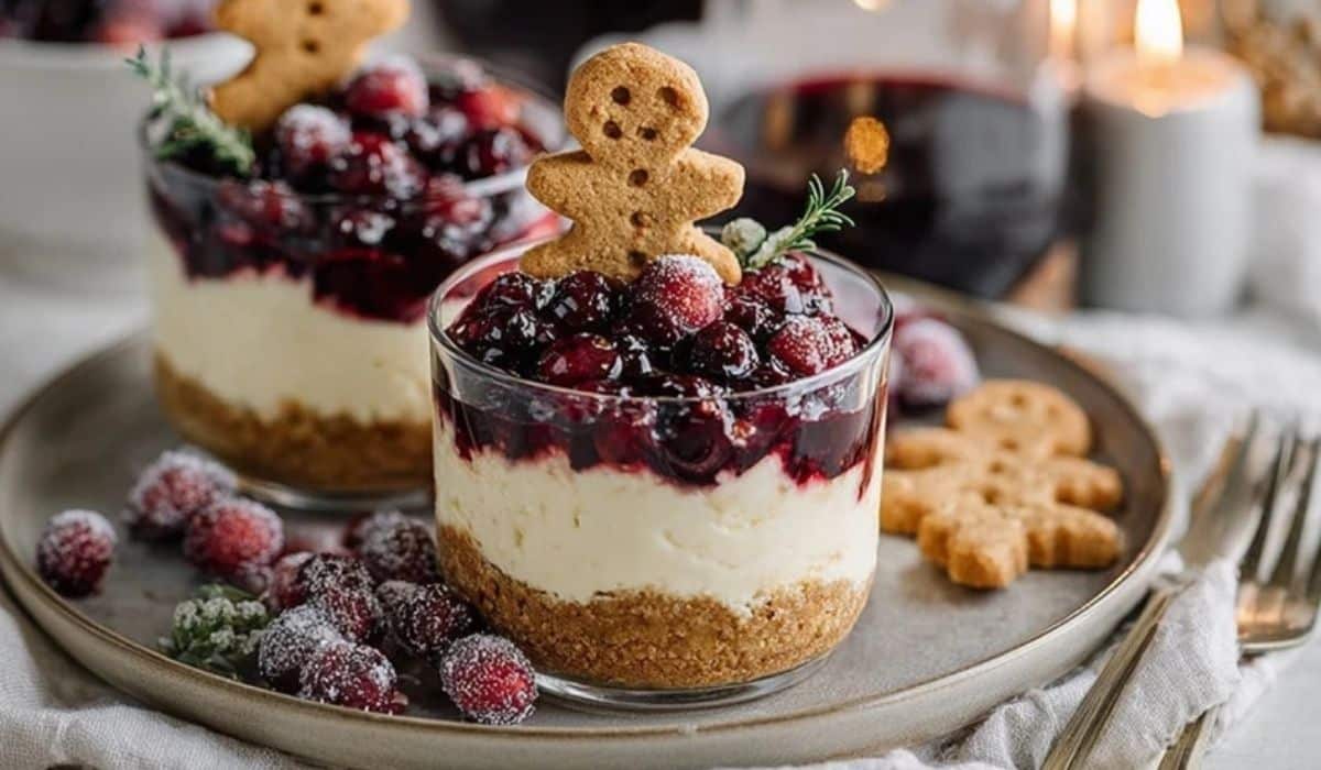 White Chocolate Cheesecakes with Mulled Wine Fruit in glass jars with gingerbread toppers