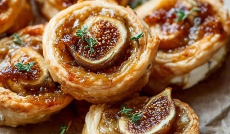 Fig and Goat Cheese Pinwheels stacked on a rustic plate with herbs